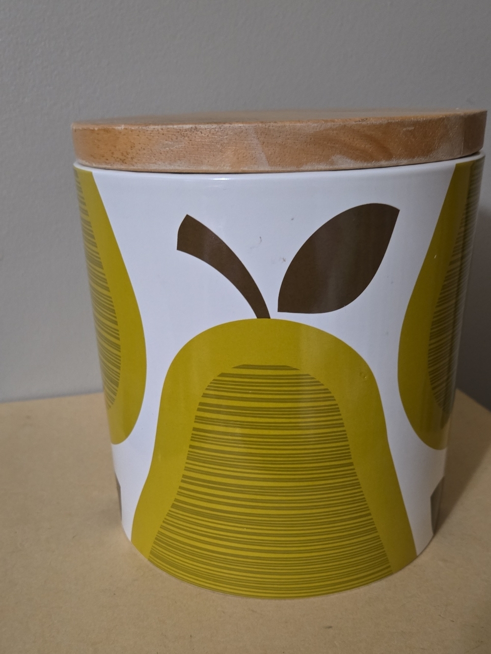 Orla Kiely Ceramic Canister with Mustard Green Pear Motif and Wood Lid